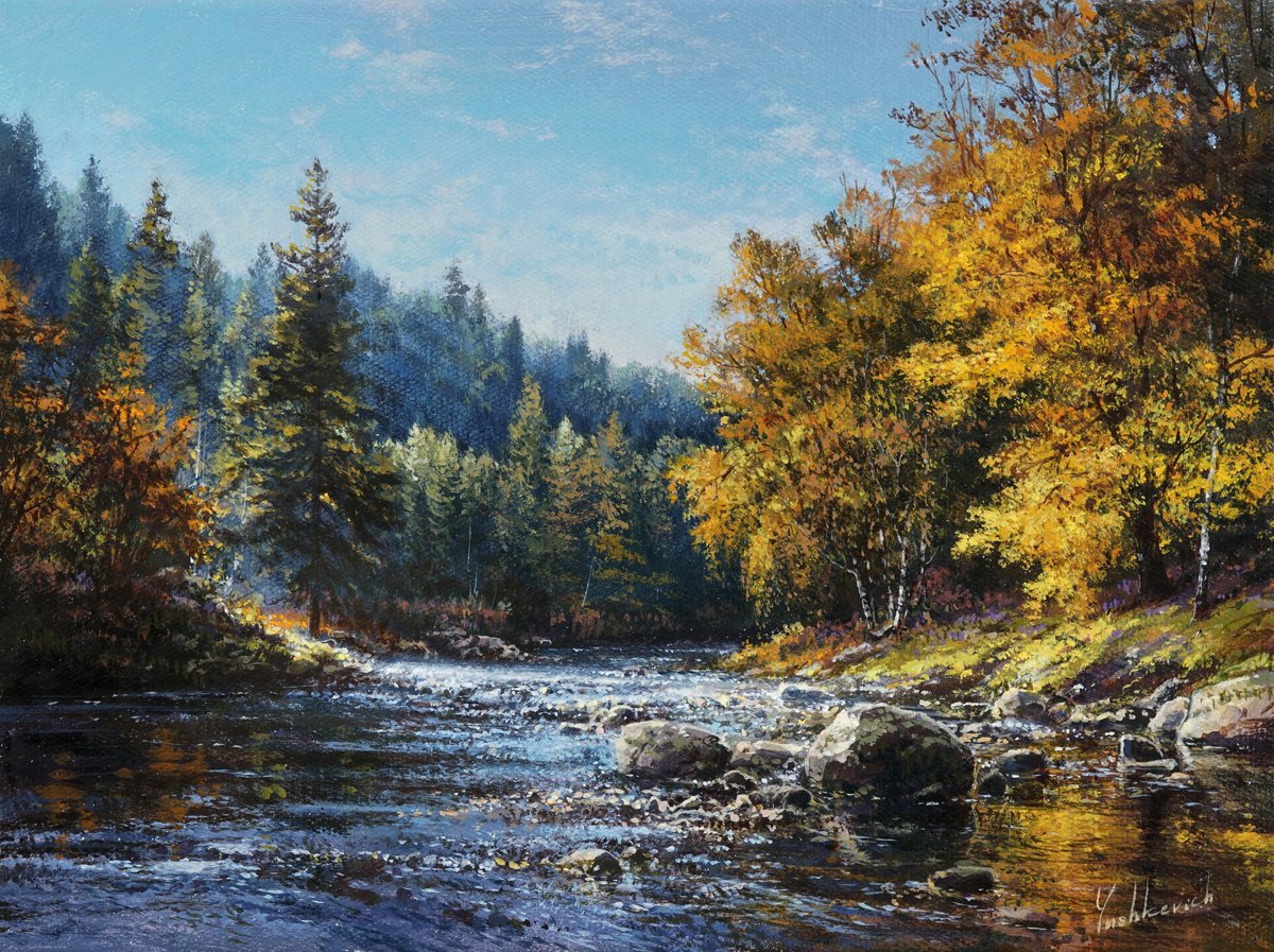 Photorealistic Landscape Acrylic Painting By Viktar Yushkevich Yuvart, 16 X 12", Mountain River, Original Artwork
