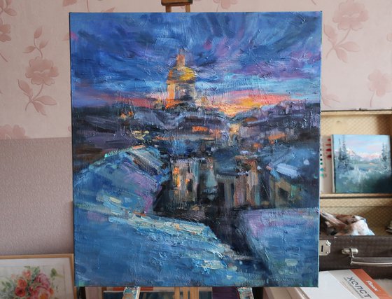 Oil painting Roofs City Sunset Night