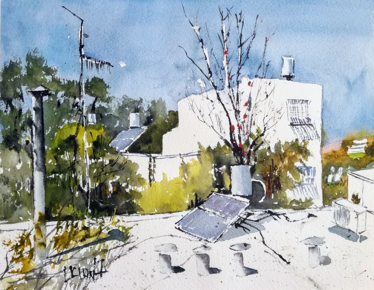 Impressionistic Cityscapes Watercolour By Leonid Kirnus, 13 X 10", On The Roof, Original Artwork