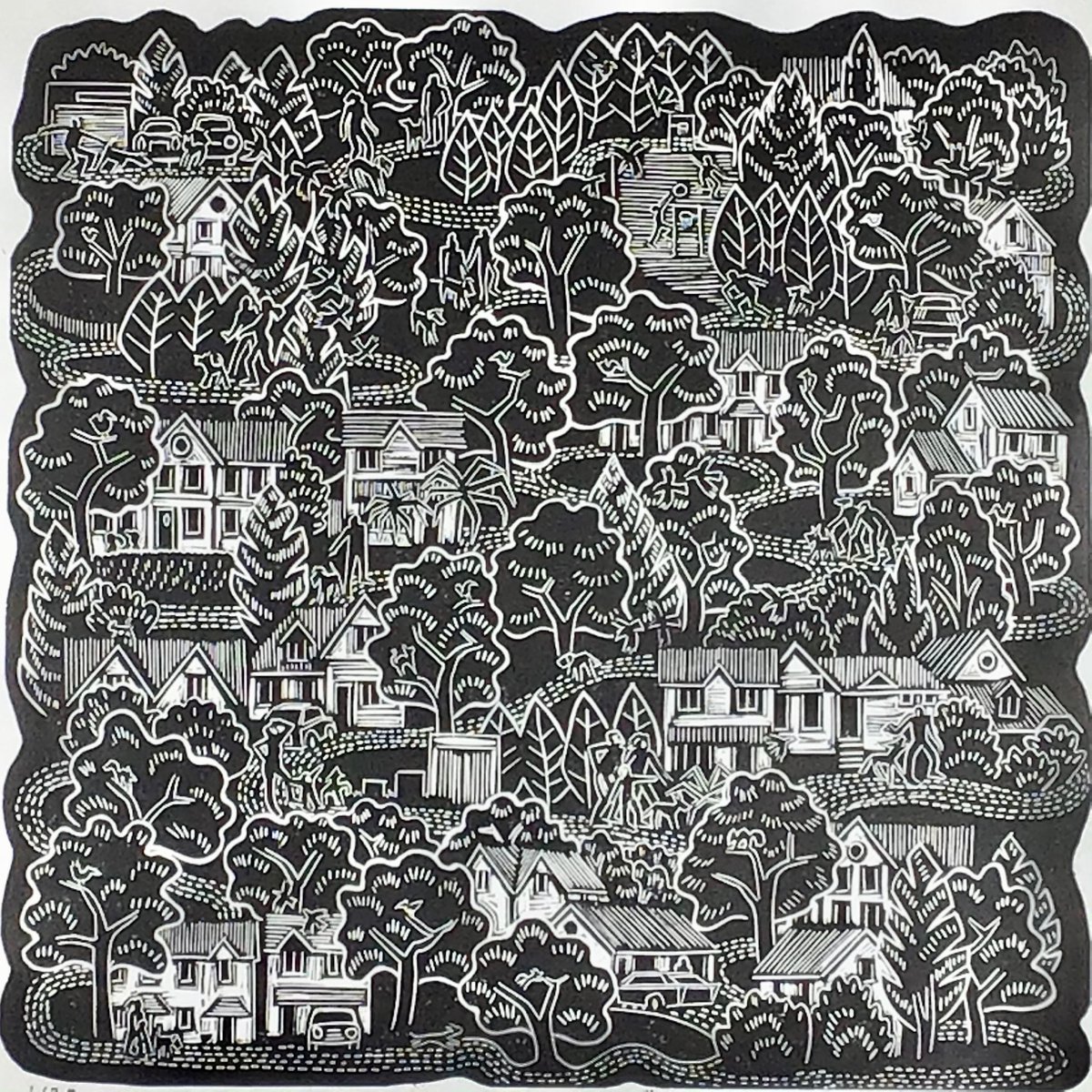 Graphic Linocut , Dog Walkers By Mark Howard Jones, 17 X 17, Artwork For Sale On Artfinder