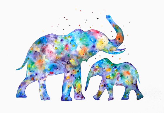 Family of elephants, colorful watercolor animals