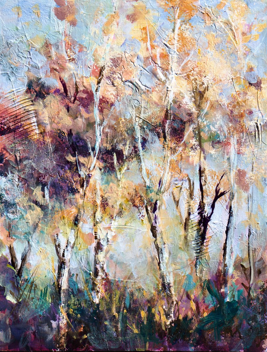 Impressionistic Landscape Acrylic Painting By Karen Hale, 14 X 18", Autumn Light, Original Artwork