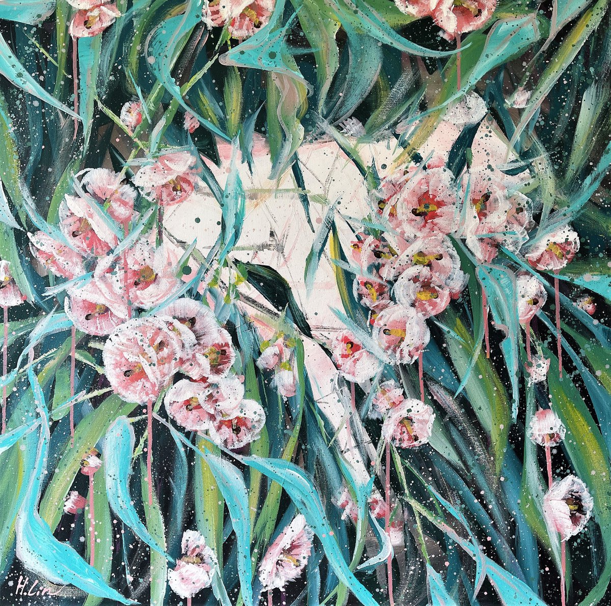 Expressive Botanical Acrylic Painting By Hsin Lin, 30 X 30, All The Wonderful Feelings - Flowering Gum, Original Artwork