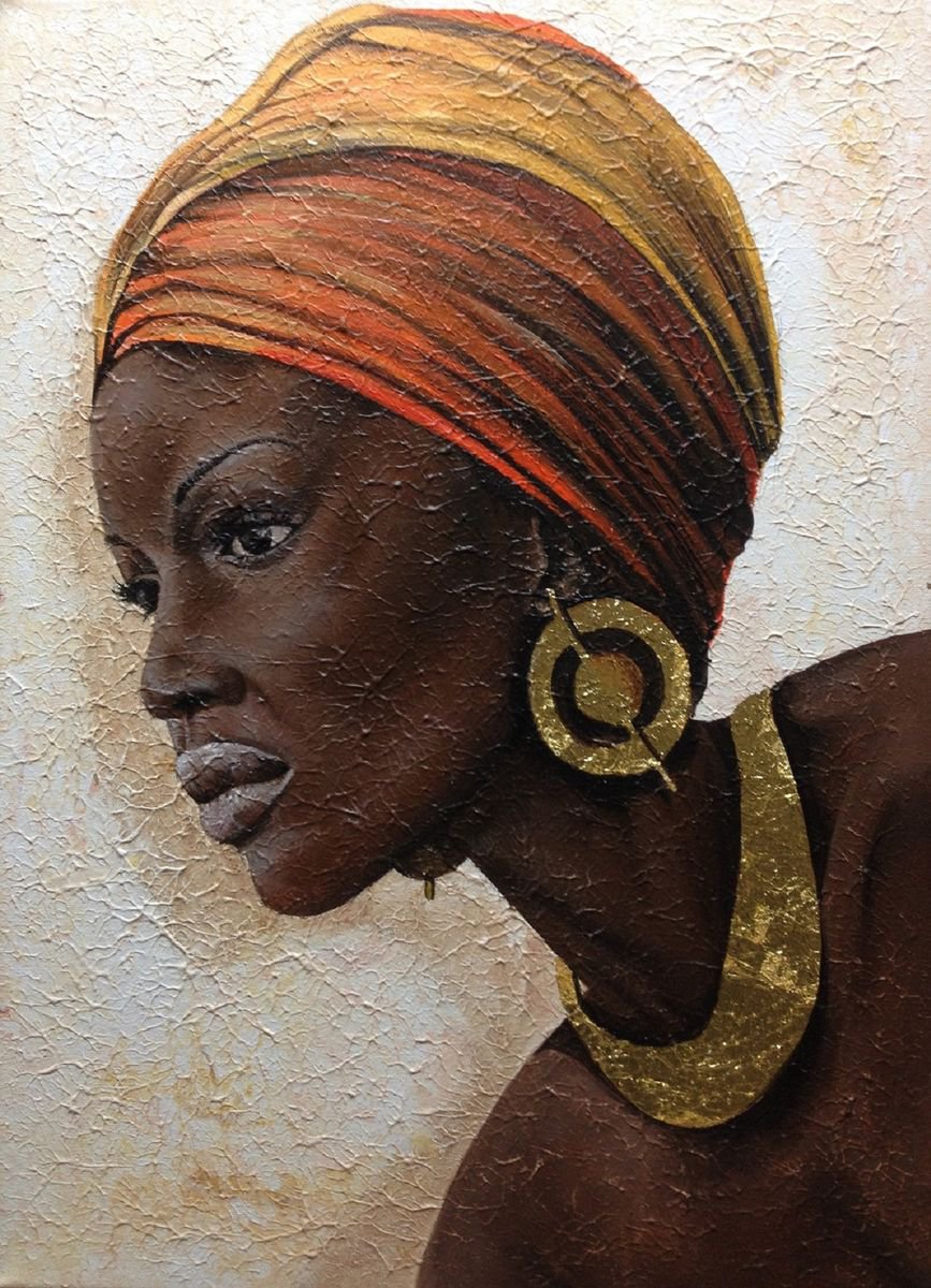 Photorealistic Portrait Acrylic Painting By Eka Peradze, 20 X 28, African Womn Portrait. 24 Carat Gold., Original Artwork