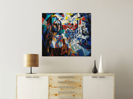 Waiting (90x80cm, cubism, oil painting, ready to hang)