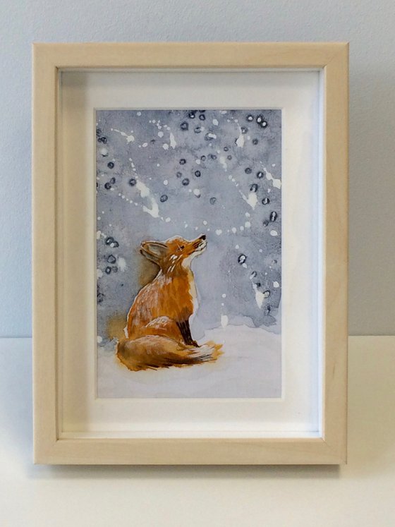 Fox portrait - Animal in the winter forest - Small watercolor on canvas - Framed artwork - Christmas gift idea