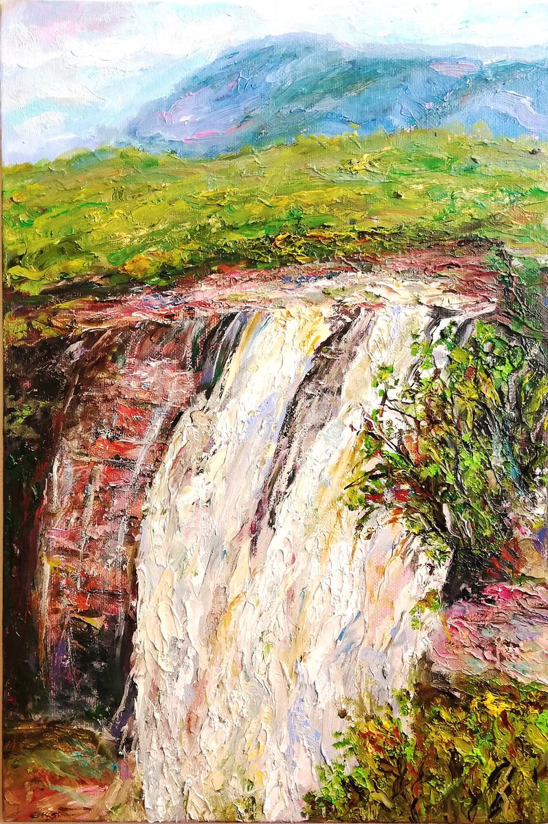 Impressionistic Landscape Oil Painting By Katia Ricci, 8 X 12", Waterfall, Original Artwork