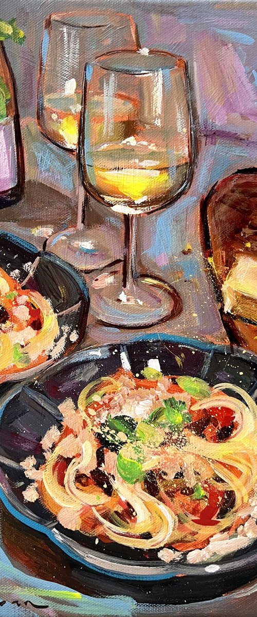 Still Life with Spagetti and White Wine by Victoria Sukhasyan