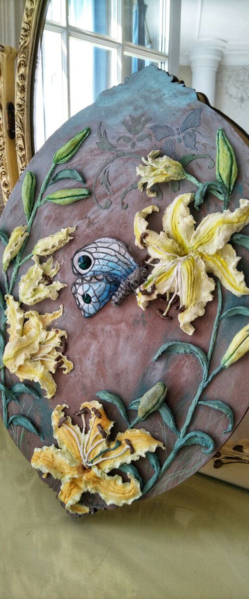 White - blue butterfly and Eastern lilies - delicate yellow flowers, 30x42x4 cm by Irina Stepanova