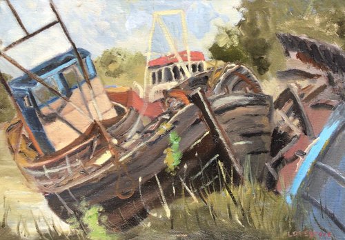 Retired fishermen, old boats at Kings Lynn, oil painting by Julian Lovegrove Art