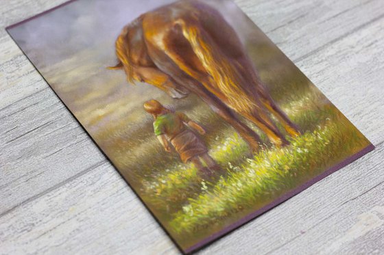 Sunbeams Original small art A child with a horse