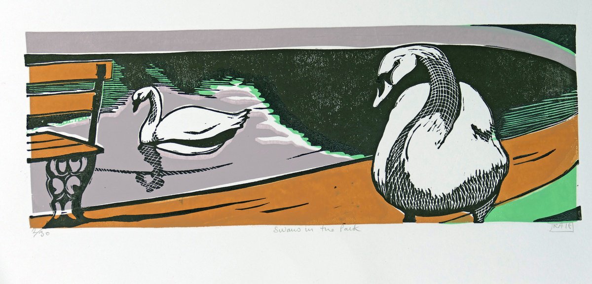 Illustrative Animal Linocut By Keith Alexander, 20 X 9", Swans In The Park, Original Artwork