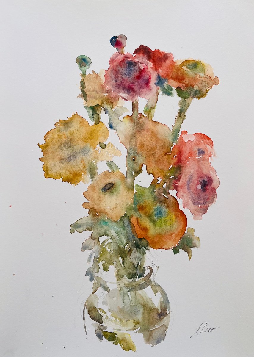 Impressionistic Still Life Watercolour By Elena Klyan, 12 X 17, Ranunculus 2024, Original Artwork