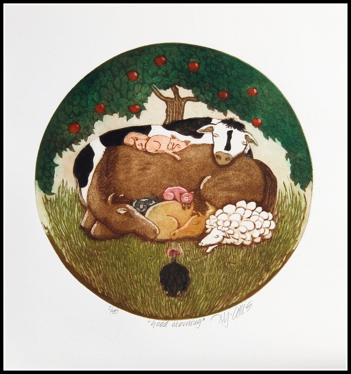 Illustrative Animal Etchings & Engravings By Mariann Johansen-Ellis, 15 X 16", Good Morning, Original Artwork