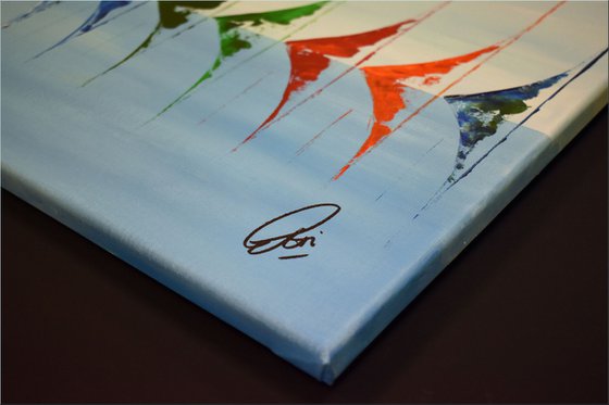 Big Blue Race- Abstract- Colourfull Sailboat Painting- Large Acrylic Art Canvas Wart Art Ready to hang
