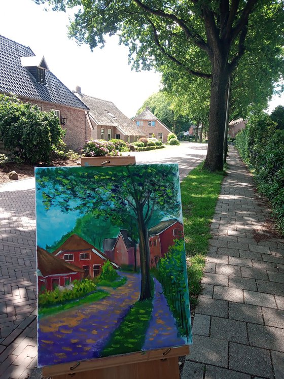 The sunny summer day in Dalen, the Netherlands. Plein Air