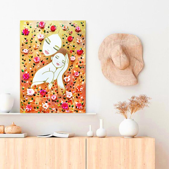 Mother Earth and baby. Summer floral woman with pink flowers