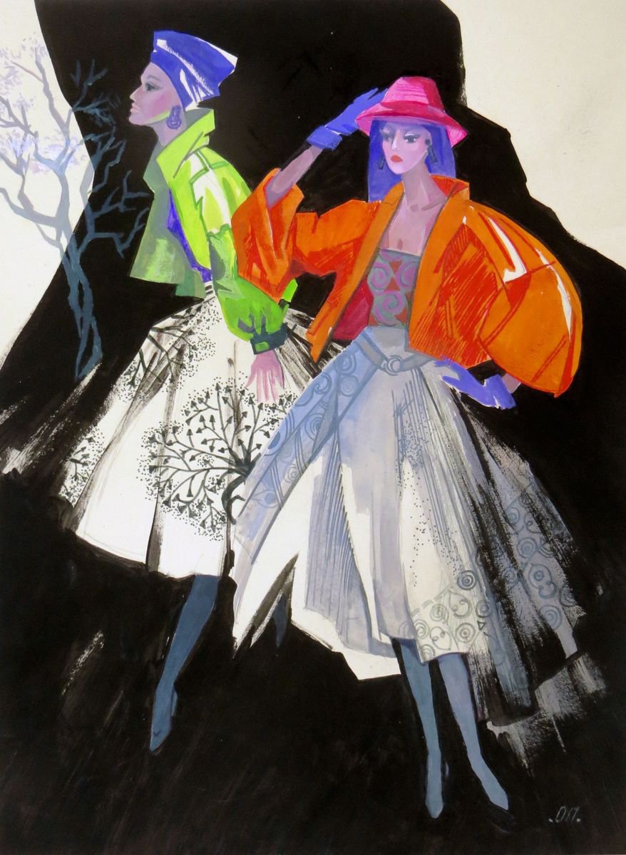 GIRLS and FASHION, 30x41, Mixed-media painting on Paper. by Olga Panina