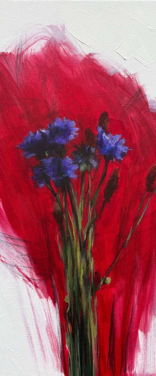 blue flowers on red by Elina Evstig