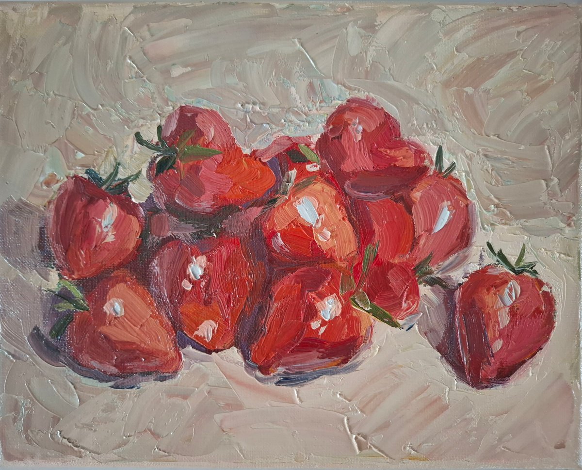 Impressionistic Still Life Oil Painting By Olena Kolotova, 12 X 9", Still-Life "Strawberry", Original Artwork