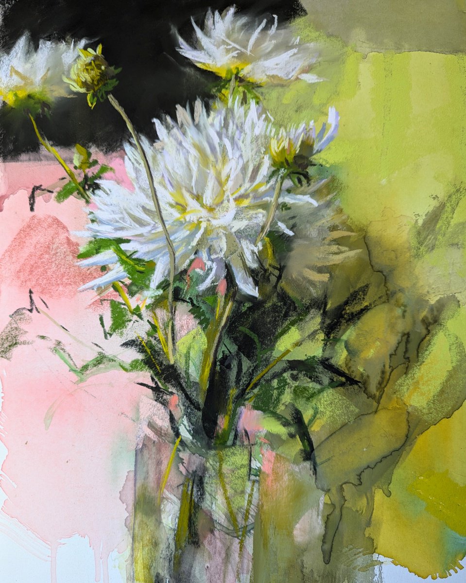 Botanical Pastel Drawing By Silja Salmistu, 16 X 20", White Dahlia, Original Artwork