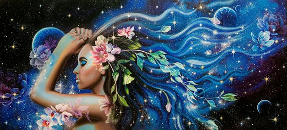"The Universe inside us", woman flowers art, space painting