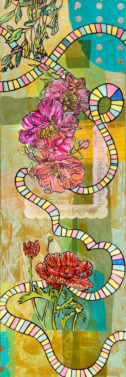 Illustrative Botanical Acrylic Painting By Ariadna De Raadt, 16 X 47, Flowers Party, Original Artwork