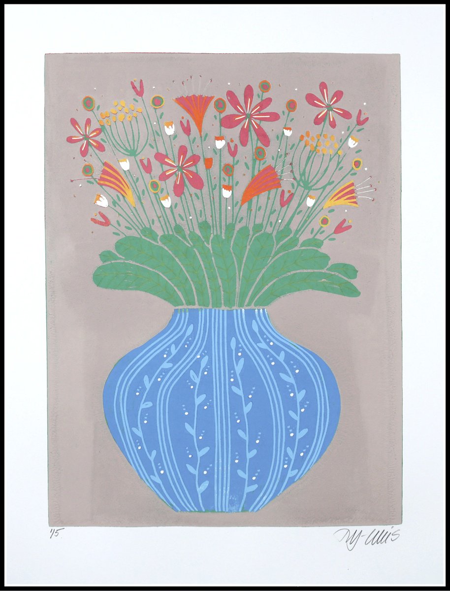 Illustrative Botanical Linocut By Mariann Johansen-Ellis, 15 X 19", A Burst Of Summer Flowers, Original Artwork