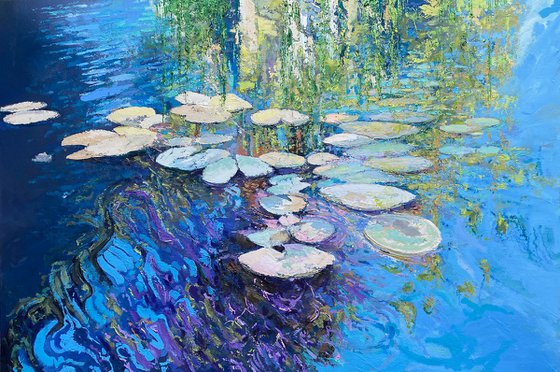 'Water Lilies' Large Impasto Lilly Pad Water Reflections Oil Painting