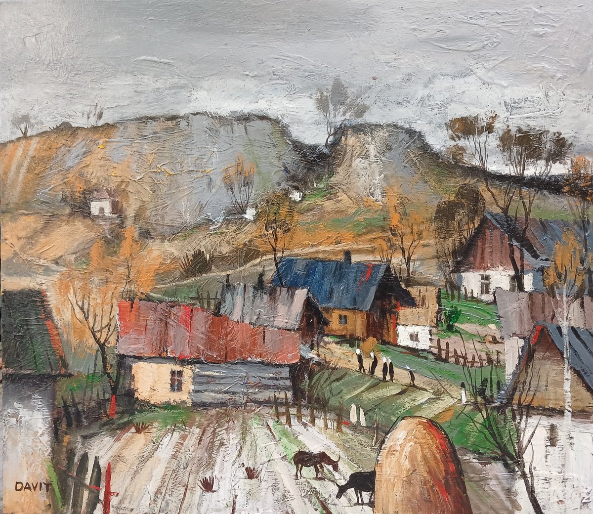 Impressionistic Landscape Acrylic Painting By Davit Arstamyan, 31 X 28, Village Beneath The Hills, Original Artwork