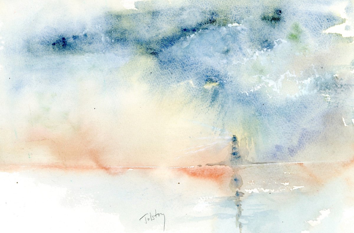 Impressionistic Landscape Watercolour By Alex Tolstoy, 14 X 10, Lighthouse & Sky, Original Artwork