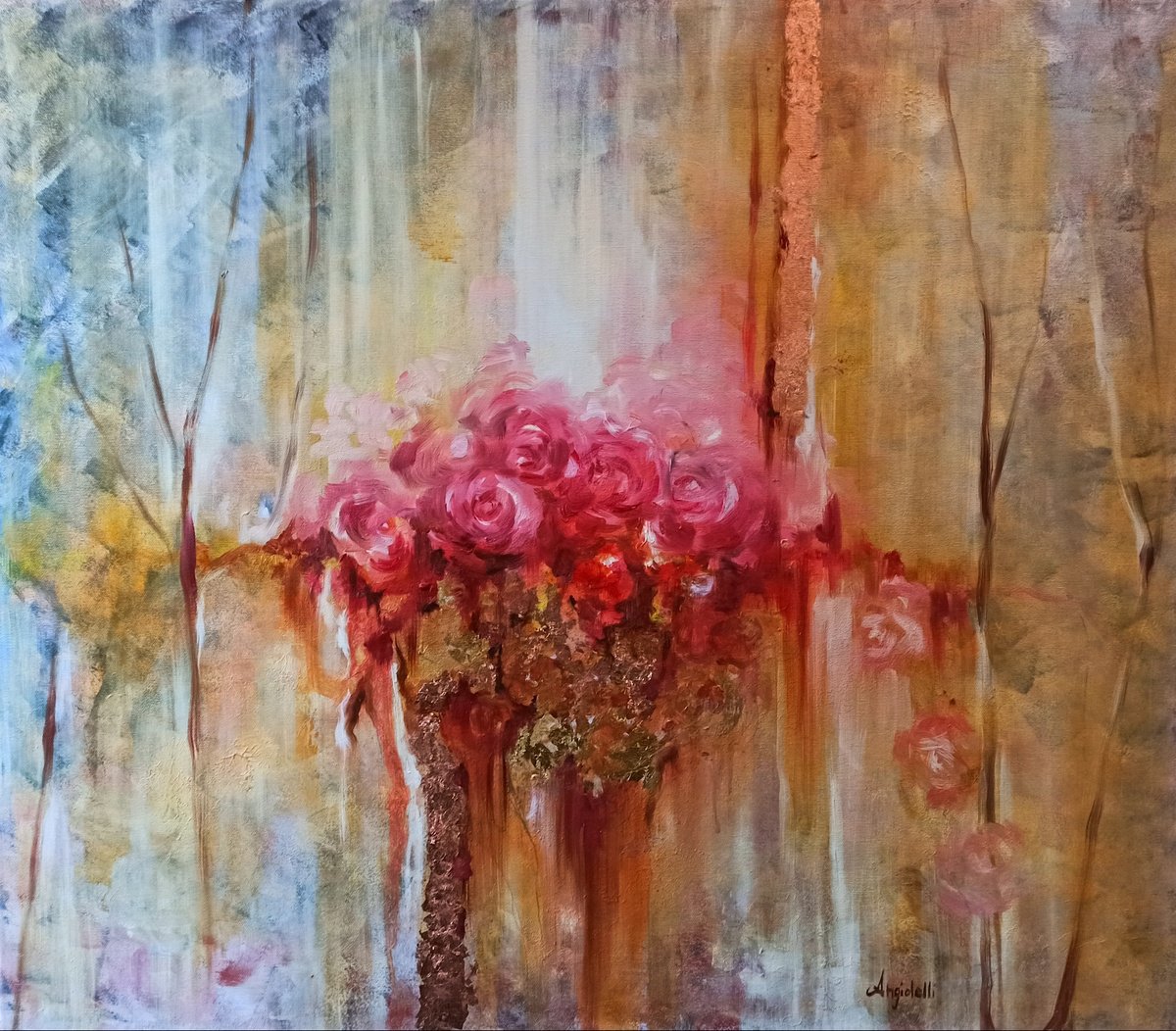 Expressive Abstract Painting By Anna Rita Angiolelli, 31 X 28, Roses, Original Artwork