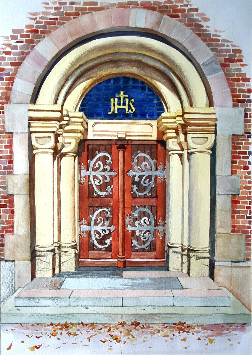 Illustrative Cityscapes Watercolour By Sonata Art, 16 X 20", Doors To Faith, Original Artwork