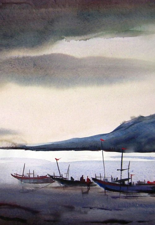 Storm & Fishing Boat - Watercolor painting by Samiran Sarkar
