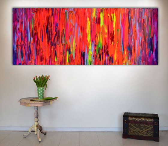 Gypsy Girl Dancing Around the Fire - 150x60x4 cm - Big Painting XXXL - Large Abstract, Supersized Painting - Ready to Hang, Hotel Wall Decor