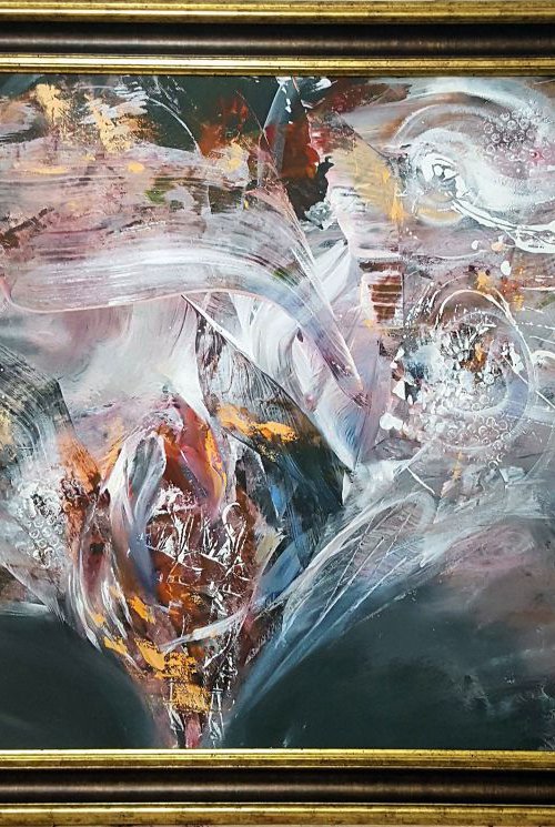 Very large framed diphane still life white gray rust colors gestural dreamlike pot with eternity flowers by master Ovidiu Kloska by Kloska Ovidiu