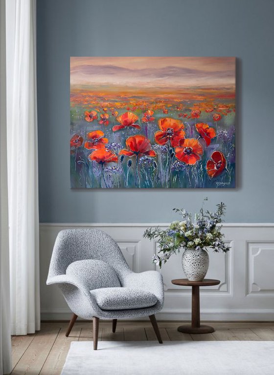 "Red poppies on the field". Oil painting.