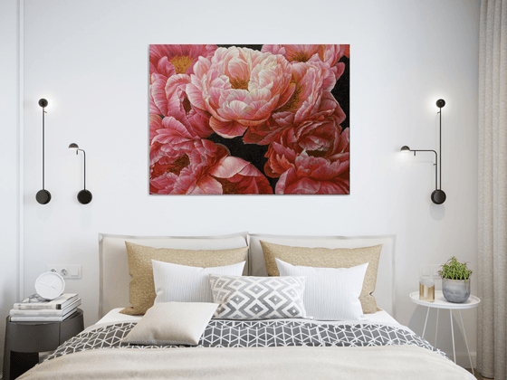 Red peonies on dark background