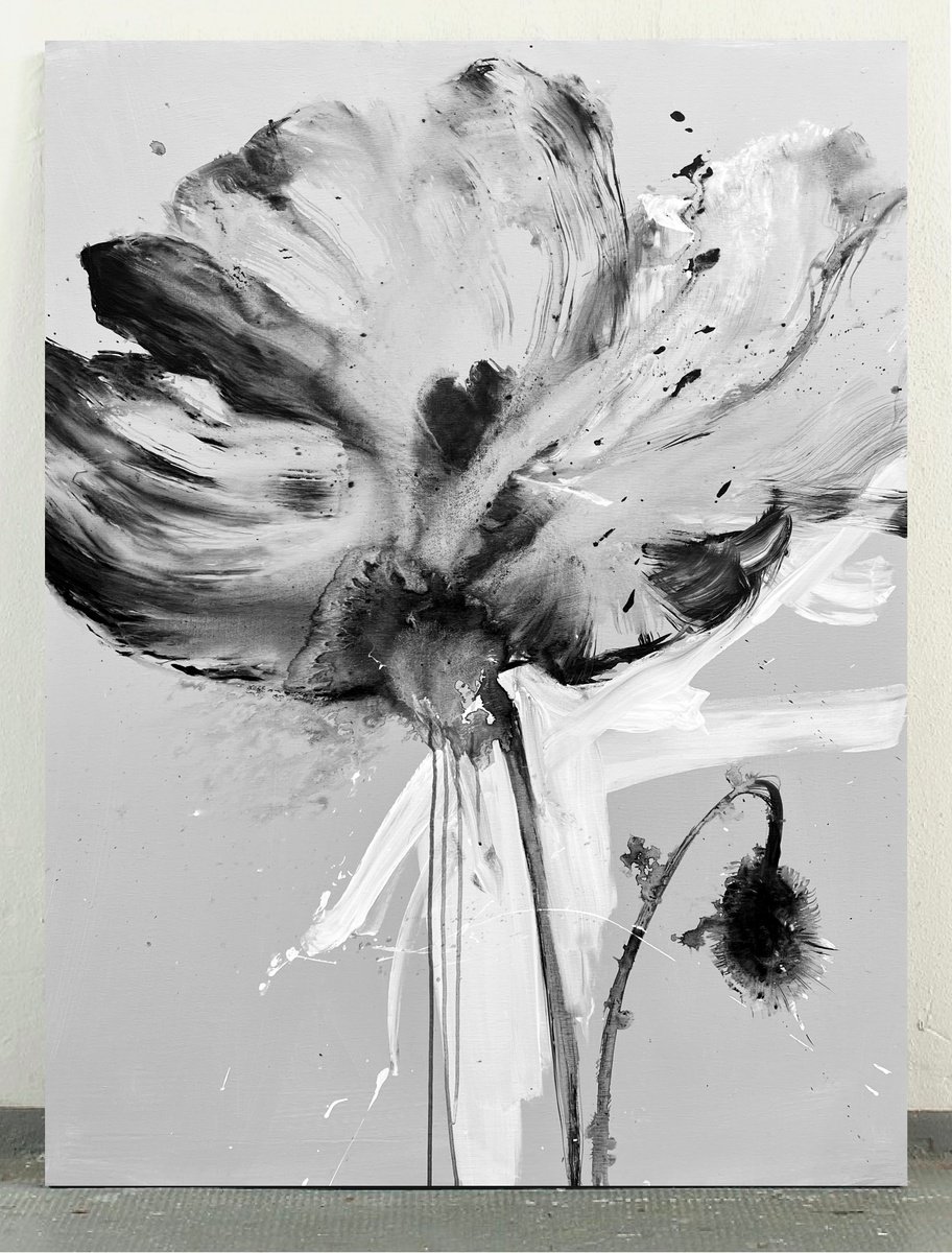 Abstract Botanical Acrylic Painting By Rosi Roys, 35 X 47", Black And White Flower, Original Artwork