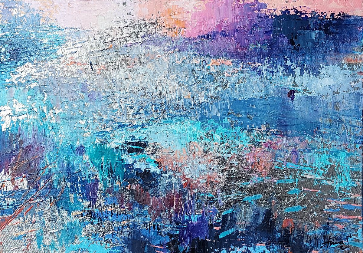 Expressive Abstract Oil Painting By Anna Silabrama, 18 X 13, Blush Horizon, Original Artwork