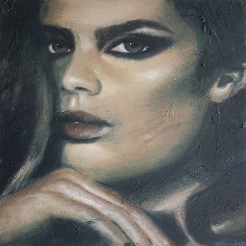 Sara | Beautiful fashion model woman face portrait painted in oil on canvas framed painting grunge romantic female portrait contemporary large painting face beautiful model by Renske Karlien Hercules