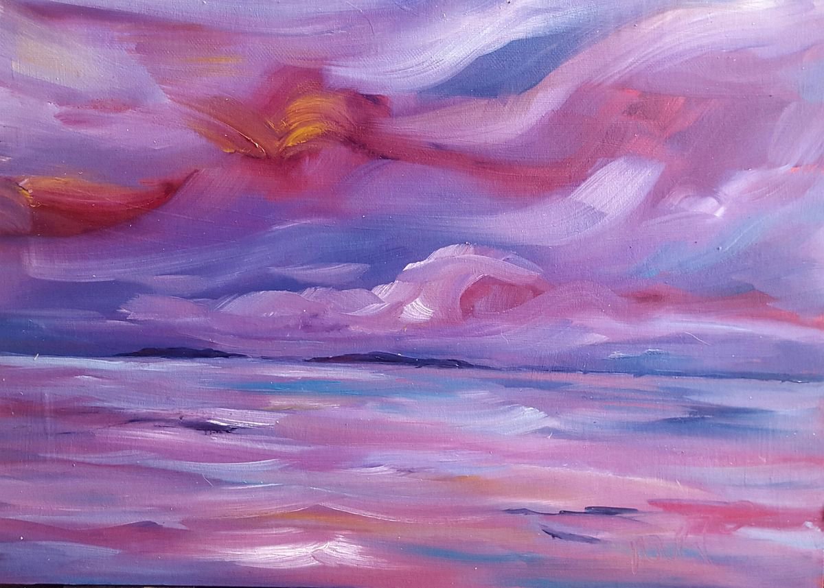 Sunrise over the distant Saltee Islands lights up the sea in a Pink glow by Niki Purcell - Irish Landscape Painting