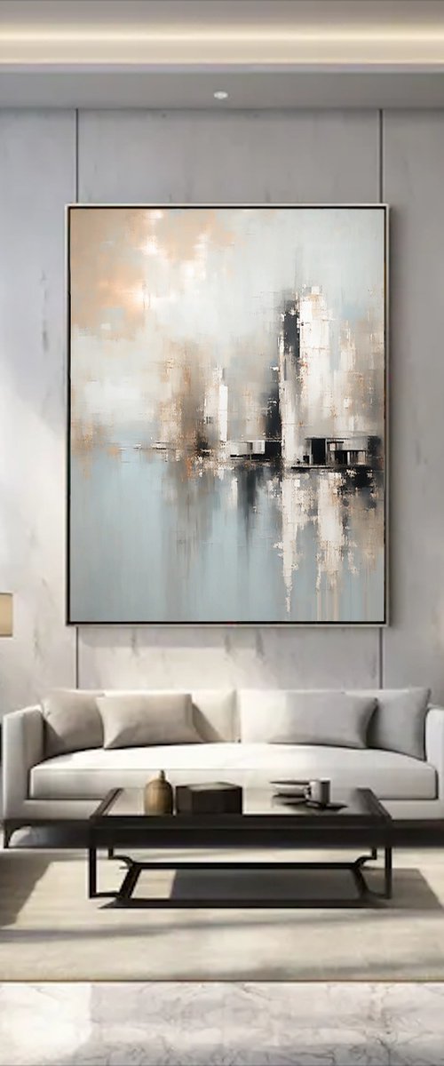 Mistline Cityscape in Pastel Blue and Gold by Indie Ru