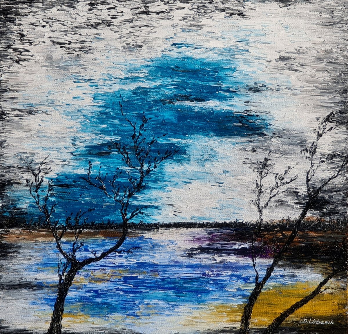 Impressionistic Landscape Oil Painting By Daniel Urbani?k, 12 X 12, Blue Sunset, Original Artwork