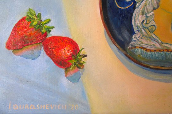 Still life with a plate, stawberries and a glass Romantic Impressionism (2020) 12x12 in. (30x30 cm)