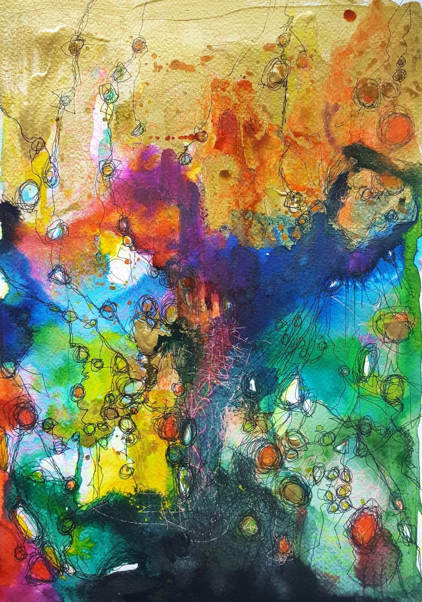 Organic Abstract Painting By Simon Tunde, 10 X 14", Social Network Intime, Original Artwork