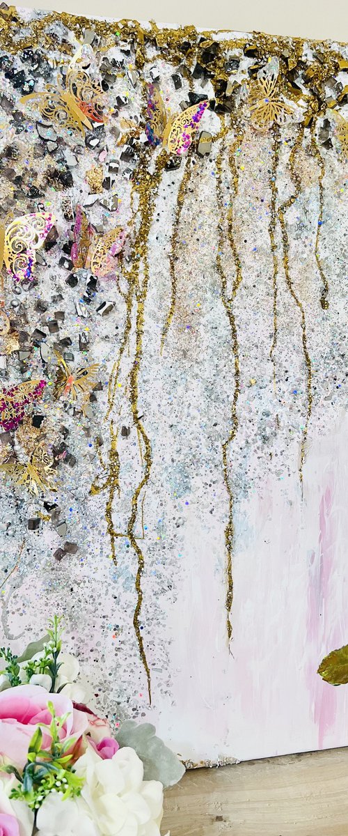 The Lili garden abstract floral soft pink tones with golden butterflies and glitter by Henrieta Angel