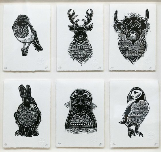 Set of 6 Animal Lino Prints