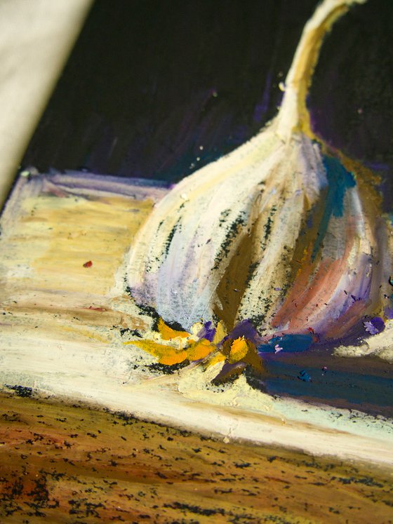 Garlic. Home isolation series. Oil pastel painting. Small home decor gift idea interior dark tones still life