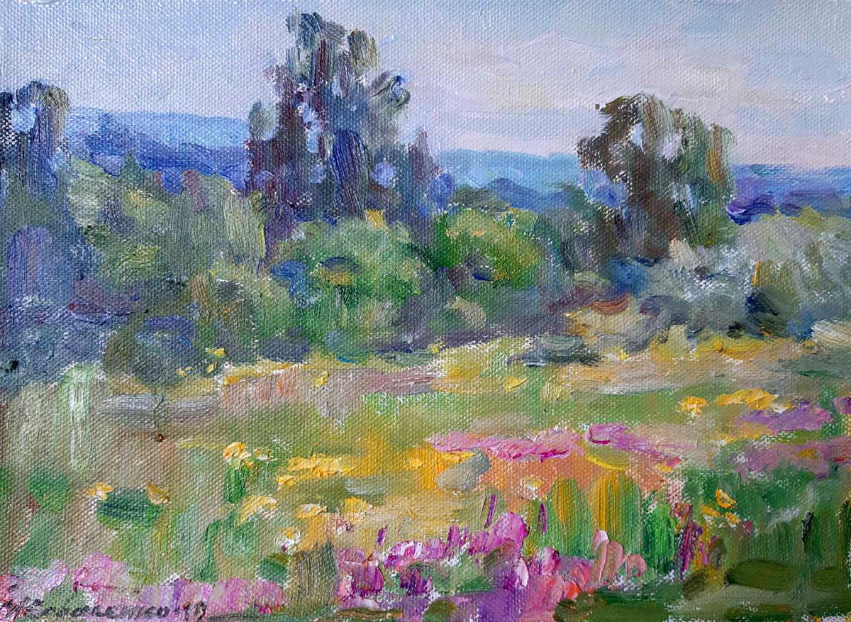 Impressionistic Landscape Oil Painting By Ivan Kovalenko, 12 X 8, Flower Fields, Original Artwork